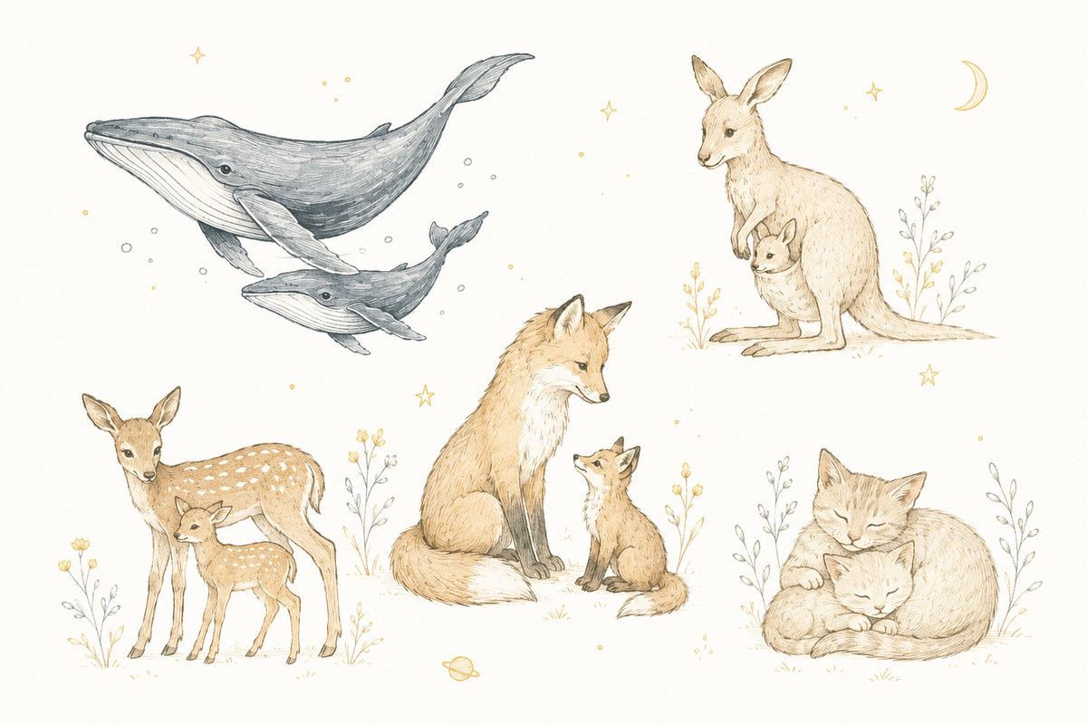 Illustrations of various animals including a whale, kangaroo, deer, fox, and cat on a white background.